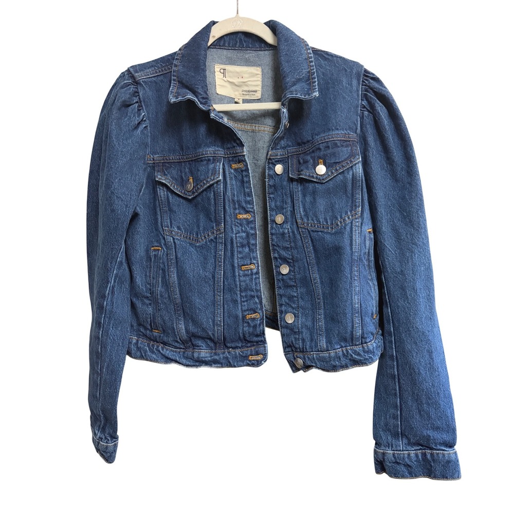 Pilcro Denim Jacket Blue Puff-Sleeve Button-Up Cropped Medium - Picture 7 of 12
